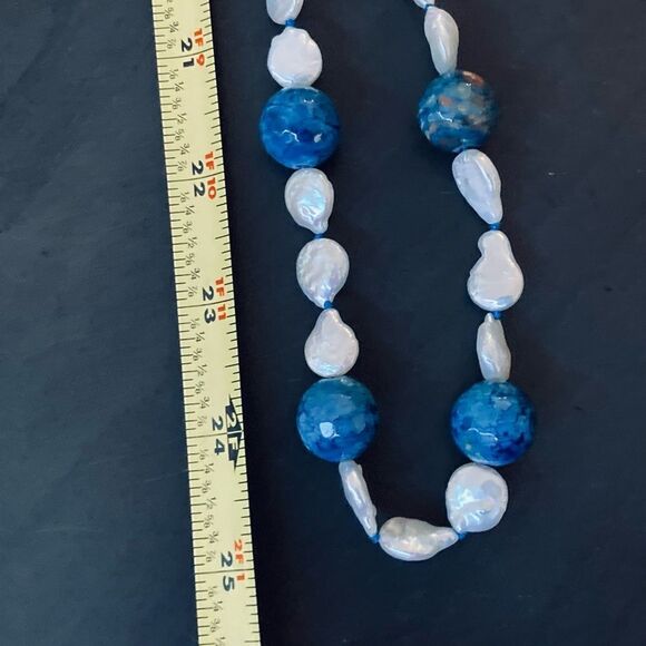 Shimmering Pearl & Blue Stone Necklace - Picture 3 of 3